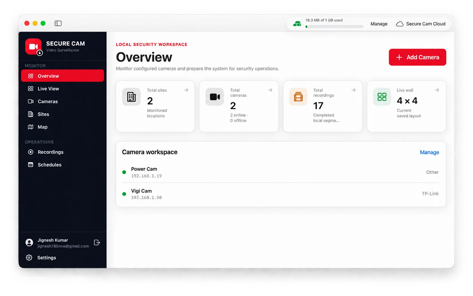 Secure Cam macOS surveillance dashboard showing cameras, recordings, sites and live wall